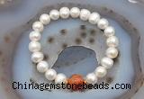 CFB1017 9mm - 10mm potato white freshwater pearl & fire agate stretchy bracelet