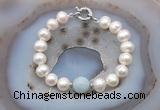 CFB1022 Hand-knotted 9mm - 10mm potato white freshwater pearl & aquamarine bracelet