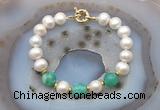 CFB1033 Hand-knotted 9mm - 10mm potato white freshwater pearl & peafowl agate bracelet