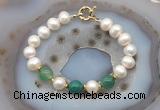 CFB1040 Hand-knotted 9mm - 10mm potato white freshwater pearl & green banded agate bracelet