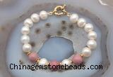 CFB1045 Hand-knotted 9mm - 10mm potato white freshwater pearl & pink wooden jasper bracelet