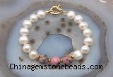 CFB1052 Hand-knotted 9mm - 10mm potato white freshwater pearl & rhodonite bracelet