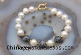 CFB1058 Hand-knotted 9mm - 10mm potato white freshwater pearl & snowflake obsidian bracelet