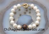 CFB1059 Hand-knotted 9mm - 10mm potato white freshwater pearl & mahogany obsidian bracelet