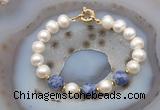 CFB1063 Hand-knotted 9mm - 10mm potato white freshwater pearl & blue spot stone bracelet