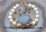 CFB1070 Hand-knotted 9mm - 10mm potato white freshwater pearl & brown zebra jasper bracelet