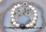 CFB1071 Hand-knotted 9mm - 10mm potato white freshwater pearl & blue tiger eye bracelet