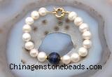 CFB1072 Hand-knotted 9mm - 10mm potato white freshwater pearl & blue tiger eye bracelet