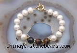 CFB1073 Hand-knotted 9mm - 10mm potato white freshwater pearl & mixed tiger eye bracelet