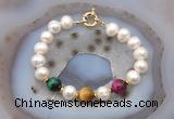 CFB1074 Hand-knotted 9mm - 10mm potato white freshwater pearl & colorful tiger eye bracelet