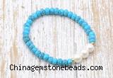 CFB704 faceted rondelle turquoise & potato white freshwater pearl stretchy bracelet