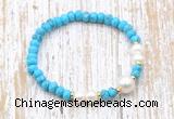 CFB705 faceted rondelle turquoise & potato white freshwater pearl stretchy bracelet