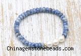 CFB719 faceted rondelle blue spot stone & potato white freshwater pearl stretchy bracelet