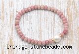 CFB727 faceted rondelle pink wooden jasper & potato white freshwater pearl stretchy bracelet