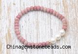 CFB728 faceted rondelle pink wooden jasper & potato white freshwater pearl stretchy bracelet