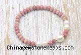 CFB729 faceted rondelle pink wooden jasper & potato white freshwater pearl stretchy bracelet