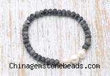 CFB752 faceted rondelle black labradorite & potato white freshwater pearl stretchy bracelet