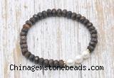 CFB755 faceted rondelle bronzite & potato white freshwater pearl stretchy bracelet