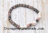 CFB765 faceted rondelle rhodonite & potato white freshwater pearl stretchy bracelet