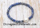 CFB772 faceted rondelle lapis lazuli & potato white freshwater pearl stretchy bracelet