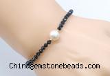 CFB825 4mm faceted round black tourmaline & potato white freshwater pearl bracelet