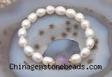 CFB901 9mm - 10mm rice white freshwater pearl & lavender amethyst stretchy bracelet