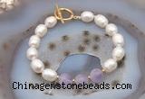 CFB905 Hand-knotted 9mm - 10mm rice white freshwater pearl & lavender amethyst bracelet