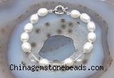 CFB908 Hand-knotted 9mm - 10mm rice white freshwater pearl & white crystal bracelet