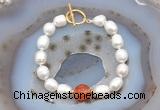 CFB921 Hand-knotted 9mm - 10mm rice white freshwater pearl & red banded agate bracelet