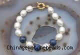 CFB931 Hand-knotted 9mm - 10mm rice white freshwater pearl & dumortierite bracelet