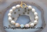 CFB936 Hand-knotted 9mm - 10mm rice white freshwater pearl & morganite bracelet