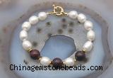 CFB948 Hand-knotted 9mm - 10mm rice white freshwater pearl & brecciated jasper bracelet