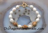 CFB950 Hand-knotted 9mm - 10mm rice white freshwater pearl & picture jasper bracelet