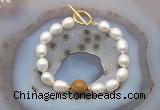 CFB951 Hand-knotted 9mm - 10mm rice white freshwater pearl & wooden jasper bracelet