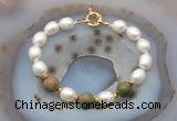 CFB953 Hand-knotted 9mm - 10mm rice white freshwater pearl & unakite bracelet