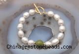 CFB954 Hand-knotted 9mm - 10mm rice white freshwater pearl & China jade bracelet