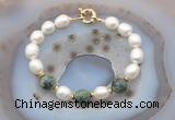 CFB955 Hand-knotted 9mm - 10mm rice white freshwater pearl & African turquoise bracelet
