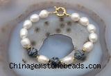 CFB956 Hand-knotted 9mm - 10mm rice white freshwater pearl & snowflake obsidian bracelet