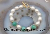 CFB962 Hand-knotted 9mm - 10mm rice white freshwater pearl & peafowl agate bracelet