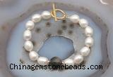 CFB966 Hand-knotted 9mm - 10mm rice white freshwater pearl & golden obsidian bracelet