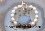 CFB981 Hand-knotted 9mm - 10mm rice white freshwater pearl & mixed tiger eye bracelet