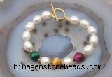 CFB982 Hand-knotted 9mm - 10mm rice white freshwater pearl & colorful tiger eye bracelet