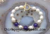CFB988 Hand-knotted 9mm - 10mm rice white freshwater pearl & candy jade bracelet