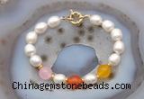 CFB996 Hand-knotted 9mm - 10mm rice white freshwater pearl & colorful candy jade bracelet