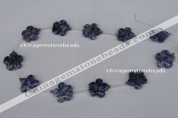 CFG1006 15.5 inches 20mm carved flower blue spot stone beads