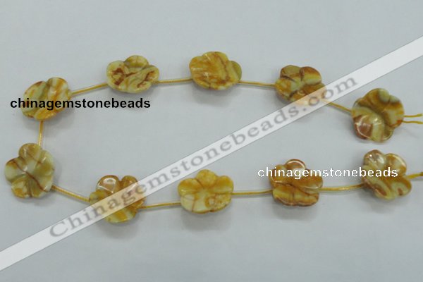 CFG17 15.5 inches 24mm carved flower yellow crazy lace agate beads