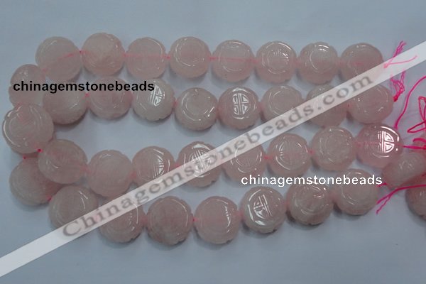 CFG205 15.5 inches 24mm carved coin rose quartz gemstone beads