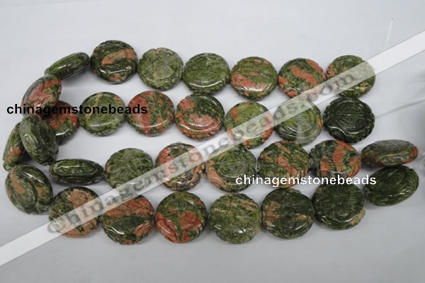 CFG251 15.5 inches 25mm carved coin unakite gemstone beads