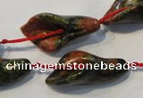 CFG565 15.5 inches 14*28mm carved trumpet flower unakite beads