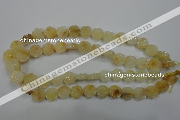 CFG882 15.5 inches 14mm carved flower yellow jade gemstone beads